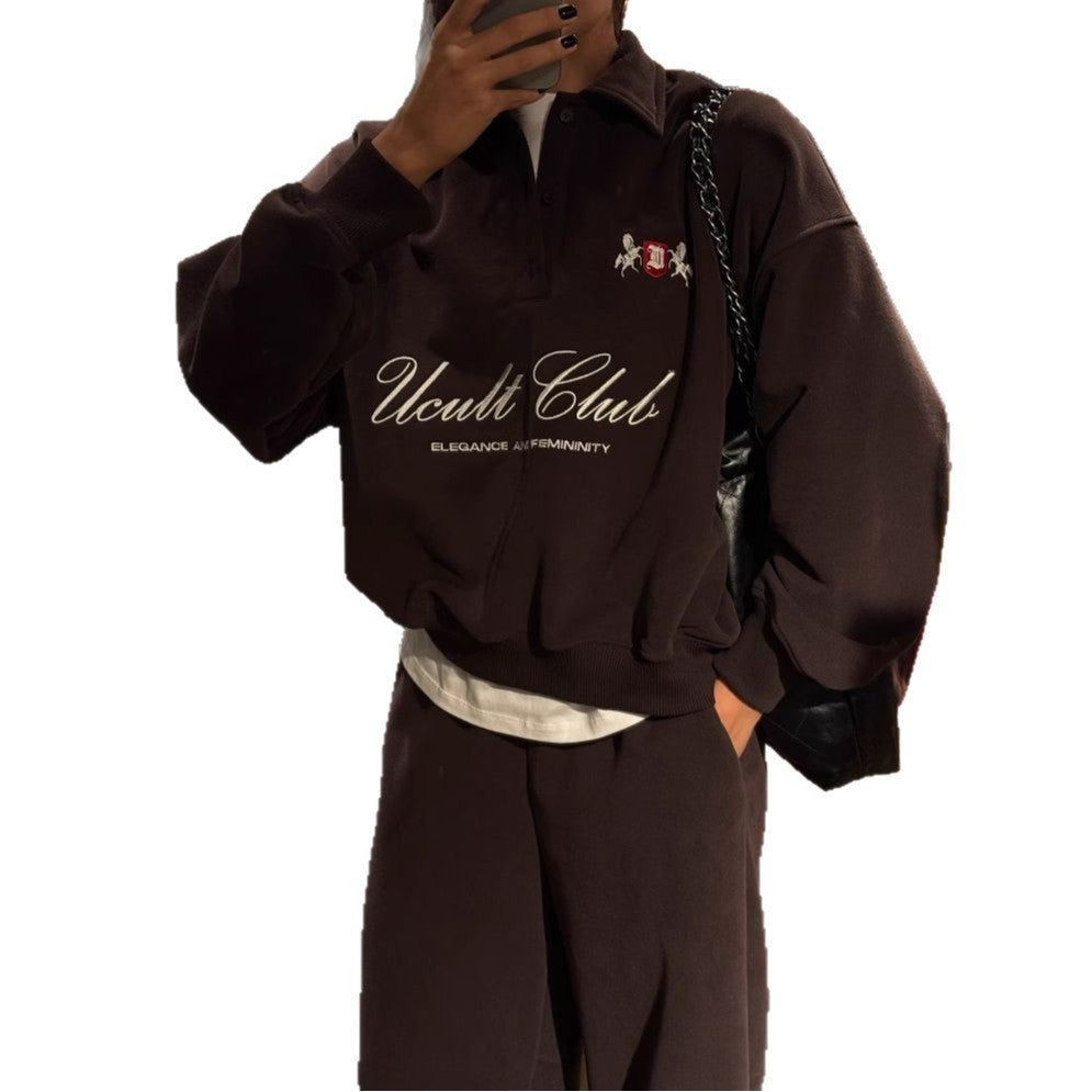 Letter Embroidered Cotton Half-Zipper Sweatshirt