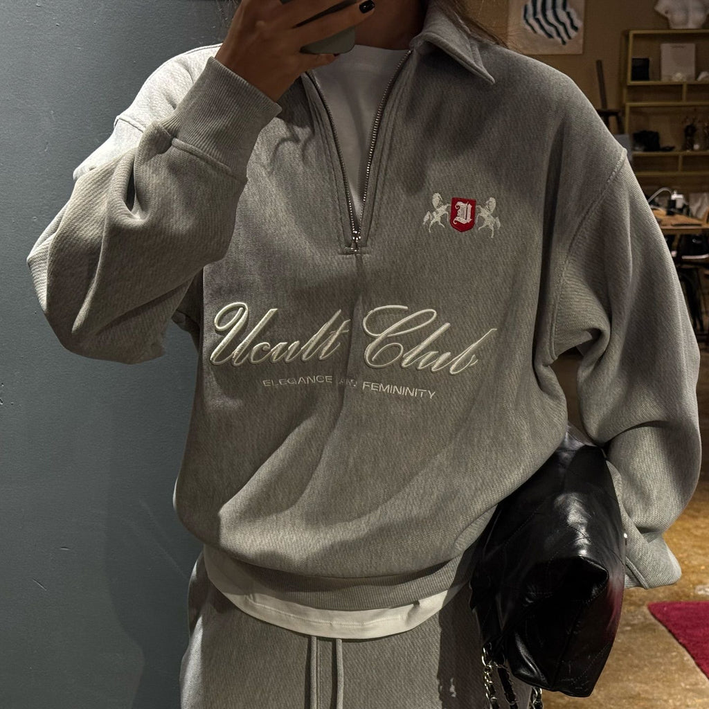 Letter Embroidered Cotton Half-Zipper Sweatshirt