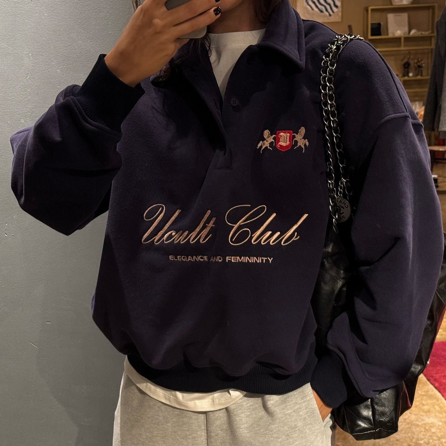 Letter Embroidered Cotton Half-Zipper Sweatshirt