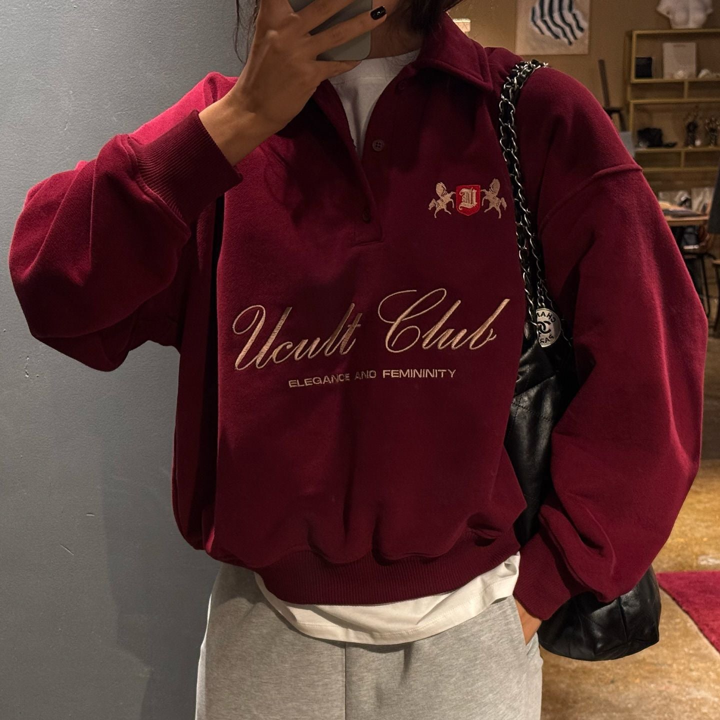 Letter Embroidered Cotton Half-Zipper Sweatshirt